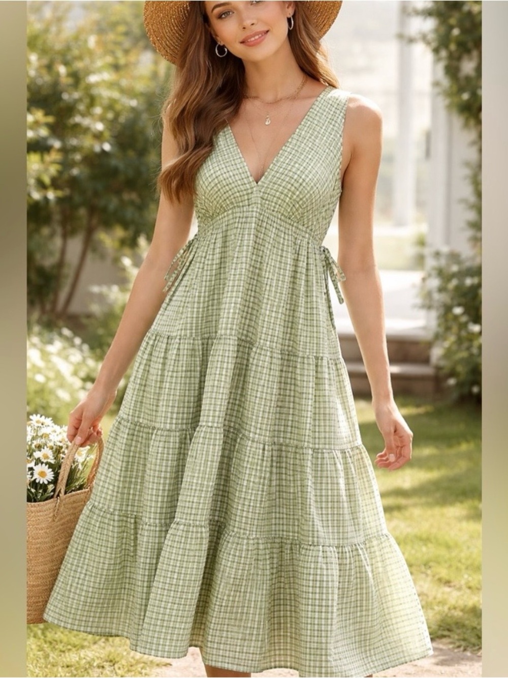 Max Studio London Sleeveless V-Neck Tiered Midi Dress in Light Sage Gingham